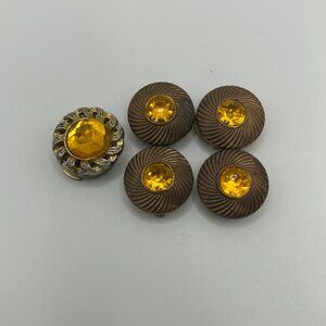 DG-24 Set of 5 Vintage Brass-Finish Button Covers with Yellow Jewel Stones